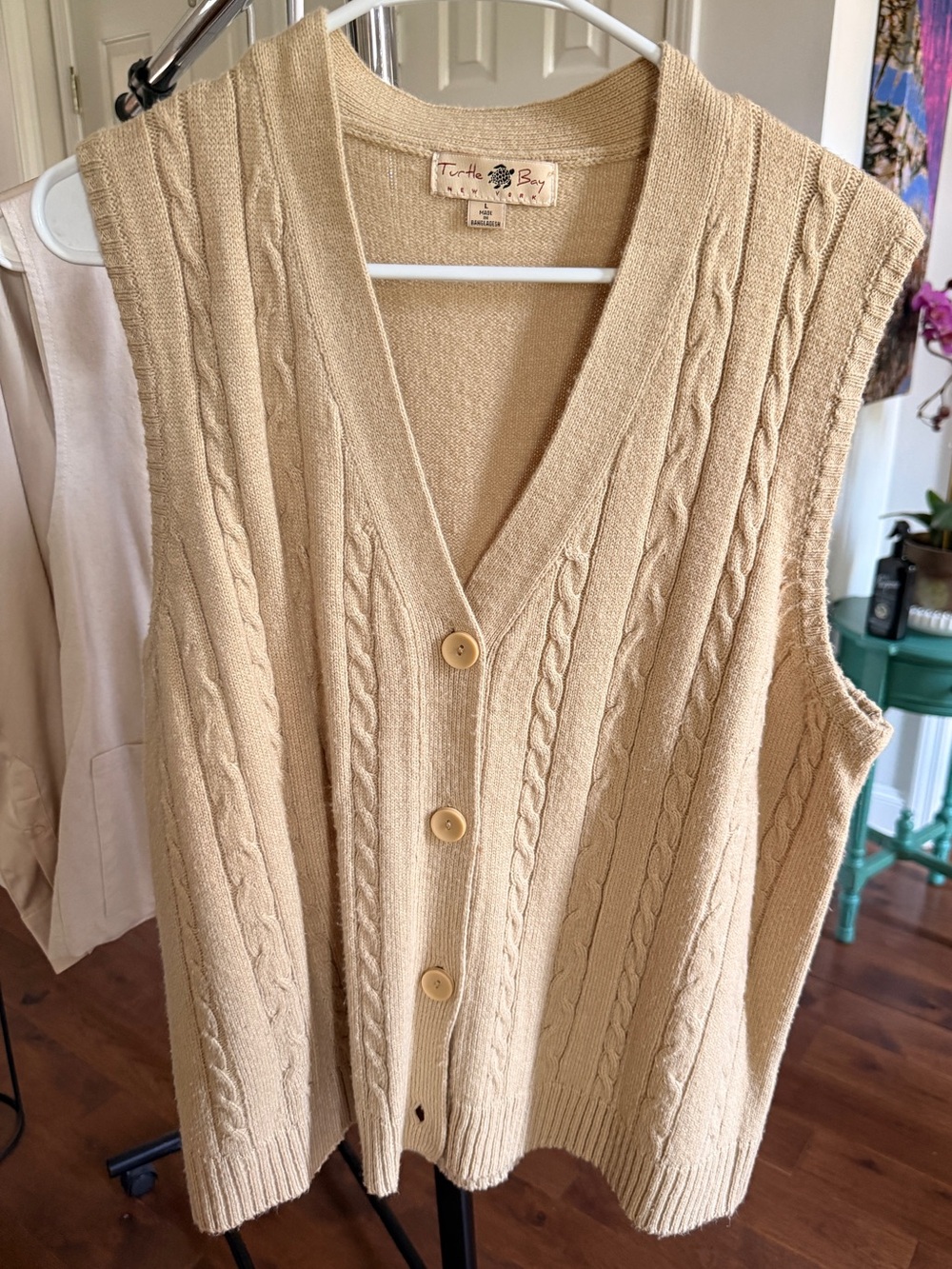 Cable Knit Button-Front Sweater Vest in Beige